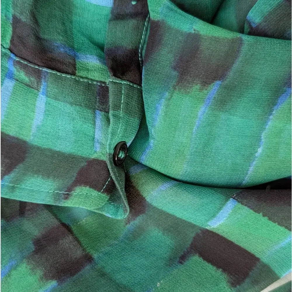 100% Silk Equipment Femme Sheer Green Blue Black Plaid  Blouse | Size S - Picture 5 of 9